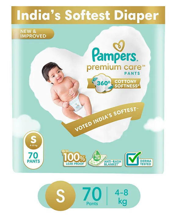 Pampers Premium Care Pants, Small size baby diapers (S), 70 Count, Softest ever pants