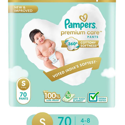 Pampers Premium Care Pants, Small size baby diapers (S), 70 Count, Softest ever pants